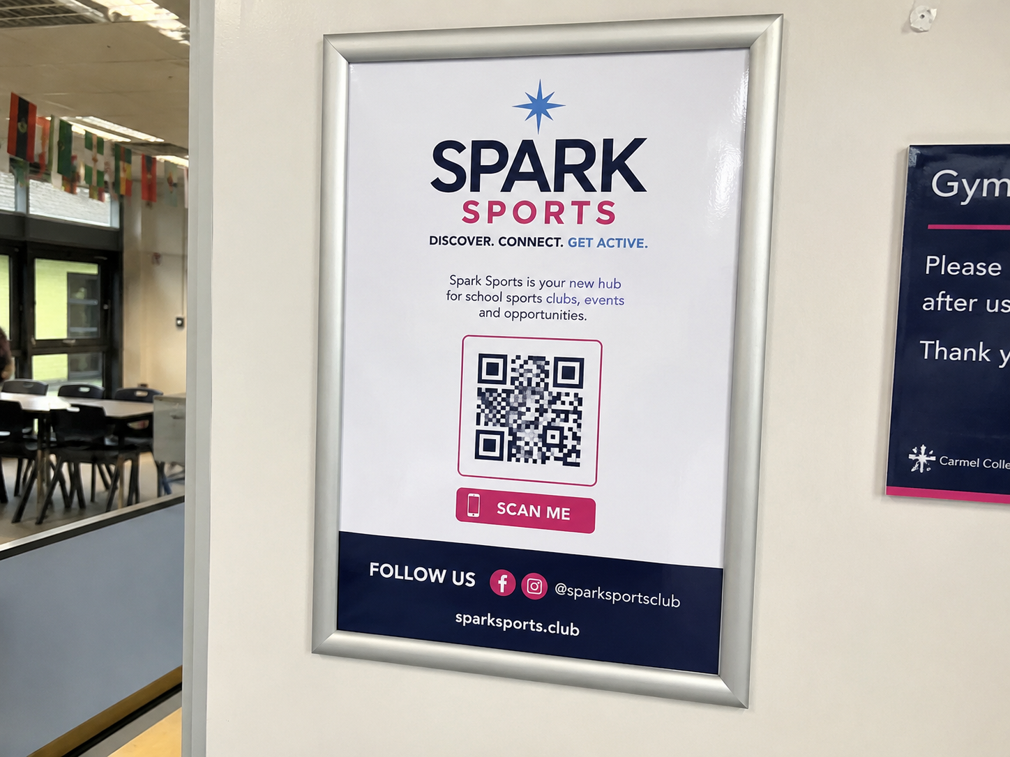 Spark Sports poster in a local school with a link to buy tickets for local clubs.